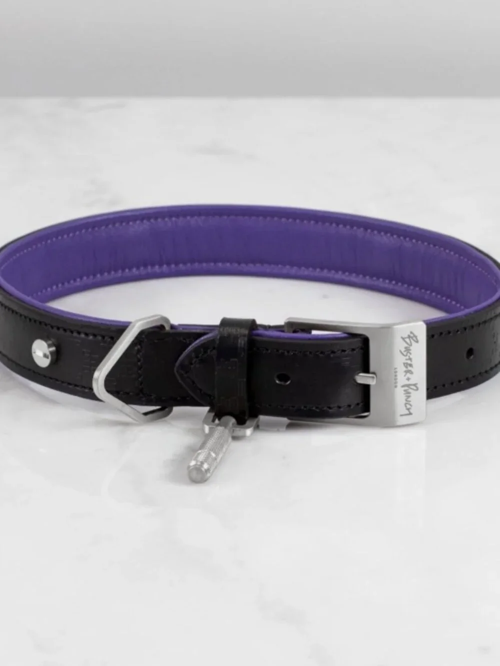 NWT Buster + Punch Leather Dog Leash - Black with Purple Trim Silver Size XL